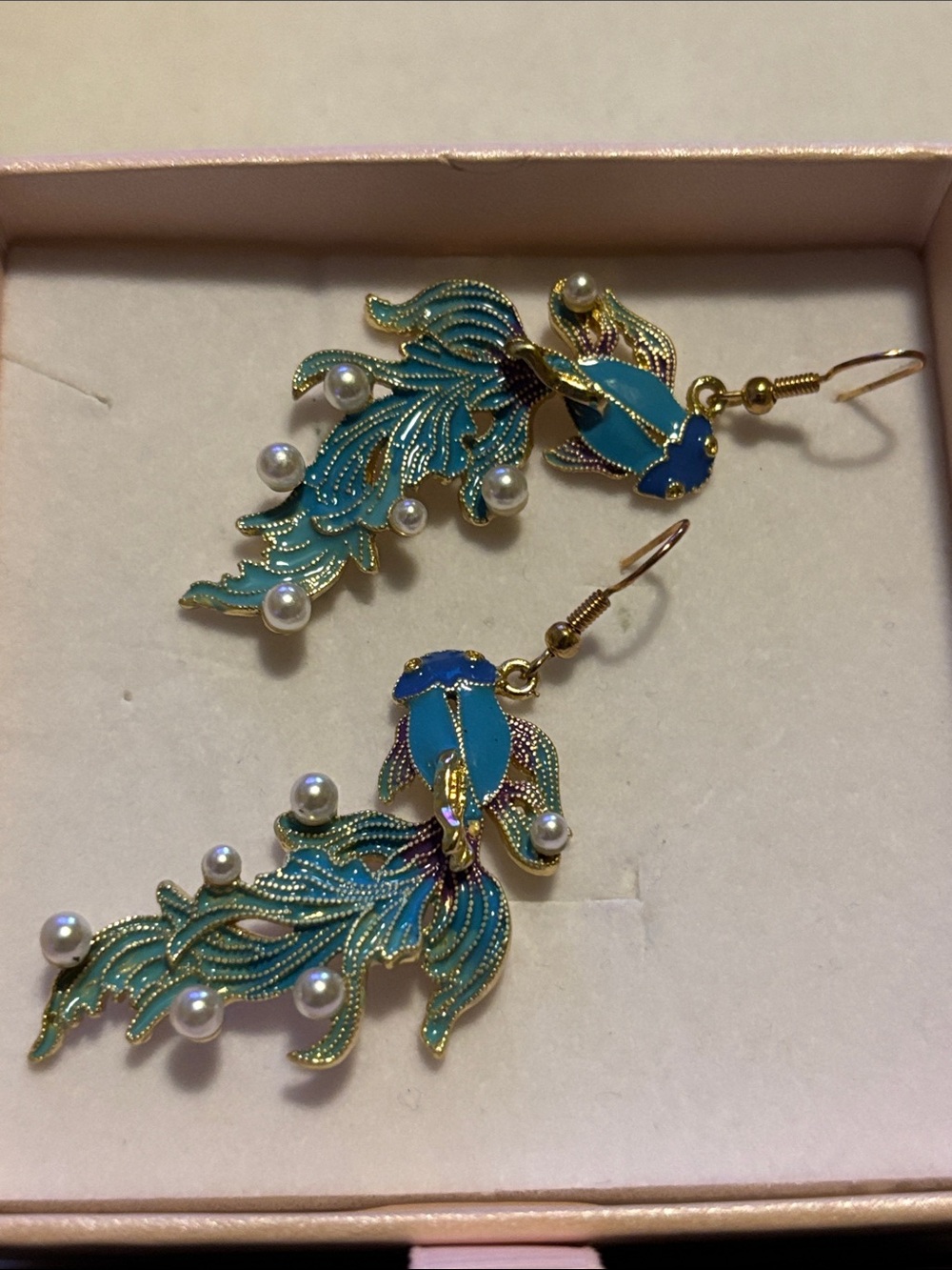 Elegant Gold-Tone Blue & Teal Fish Drop Earrings with Pearl Accents
